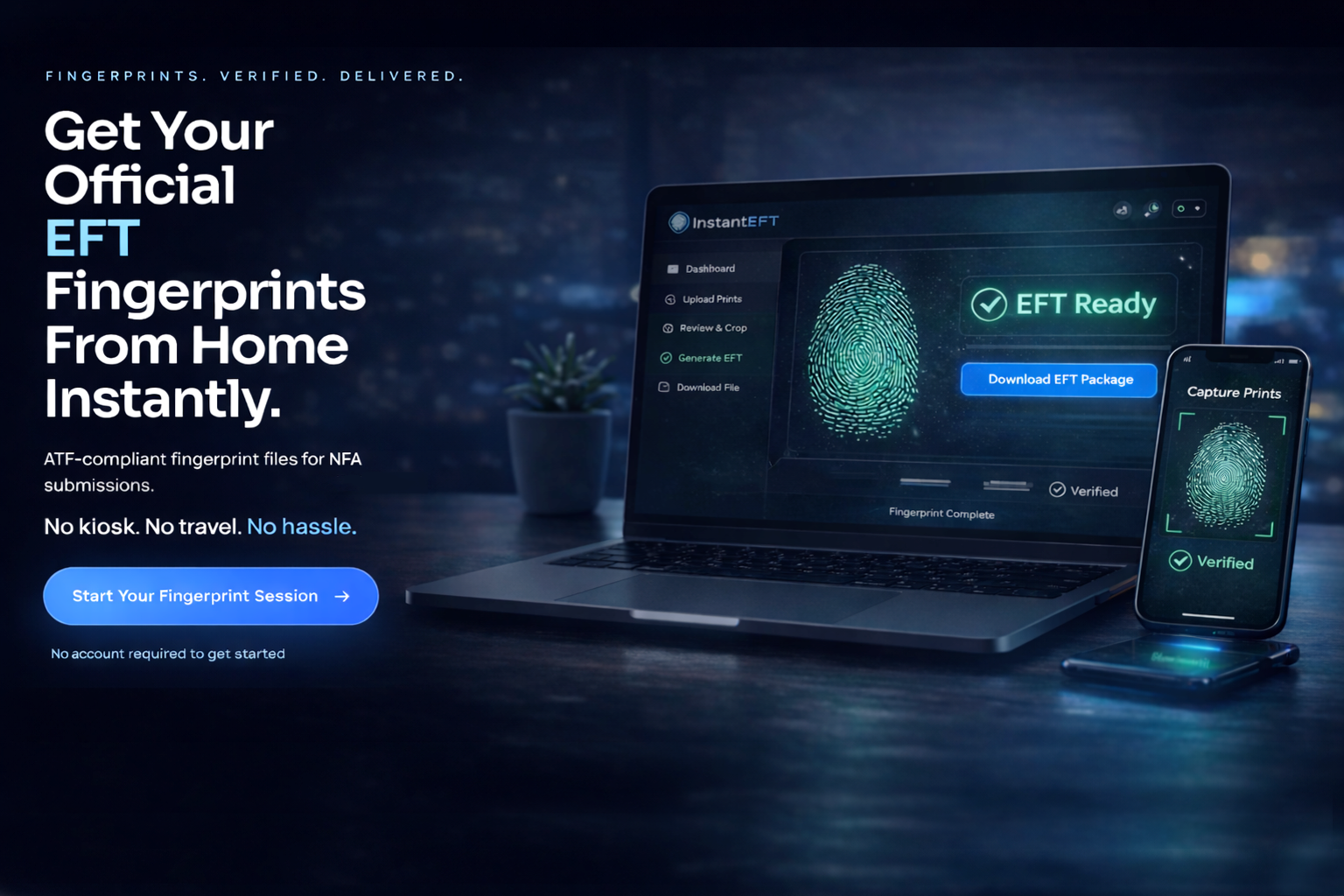 InstantEFT approved hero scene showing a laptop on a desk and a phone with fingerprint workflow screens